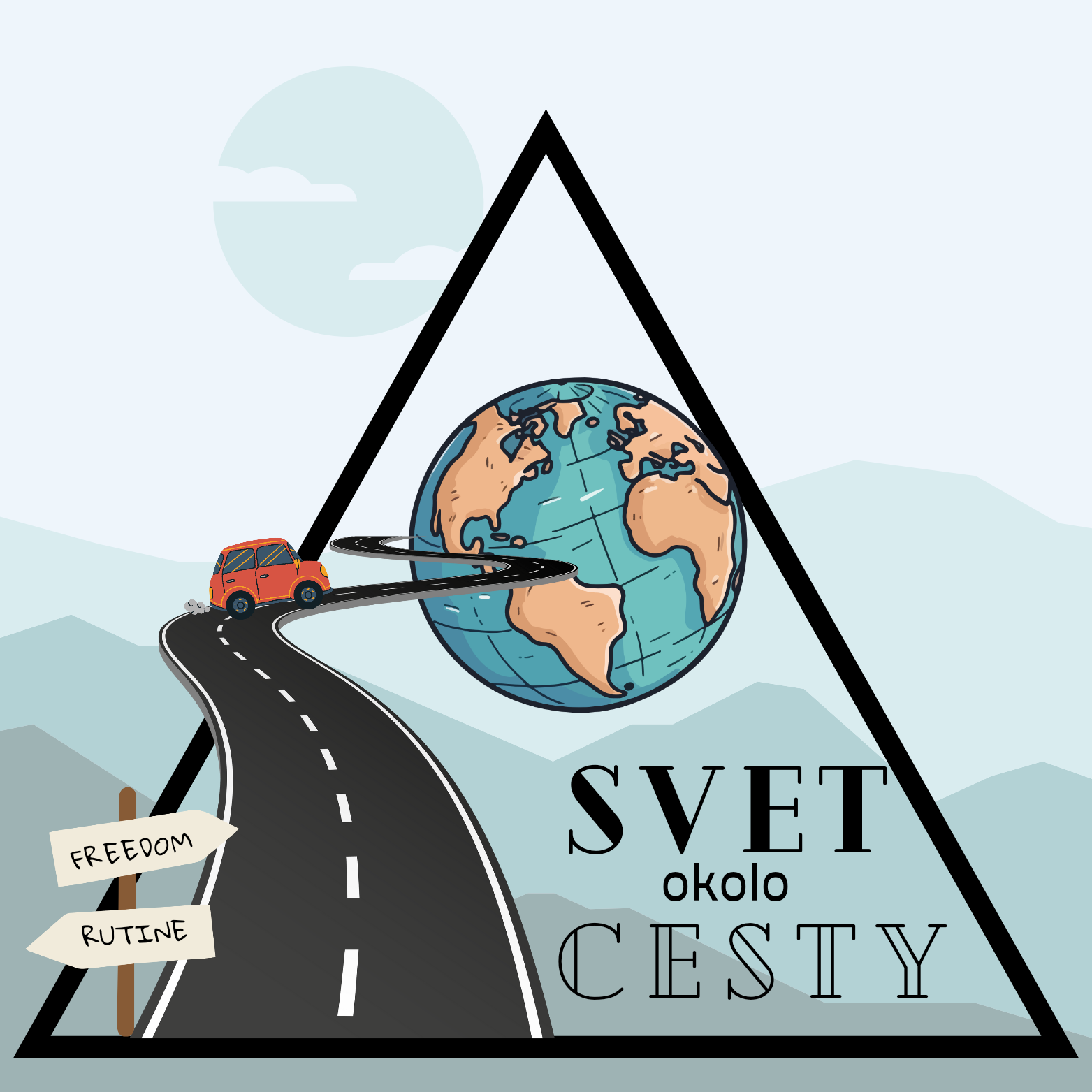logo stránky svet okolo cesty ,kreslené auto hory zemeguľa
