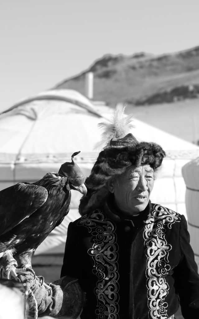ujo mongol s vtákom na ruke v pozadí jurta