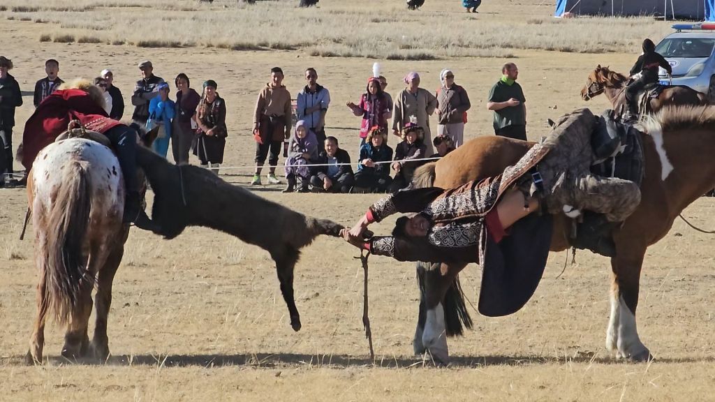 dvaja mongoli visiaci z koňa  sa preťahujú o telo mrtvej kozy.  tradičná hra v mongolsku kokpar